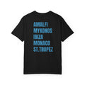 European Summer Destinations T-Shirt — Amalfi Mykonos Ibiza Monaco St. Tropez
