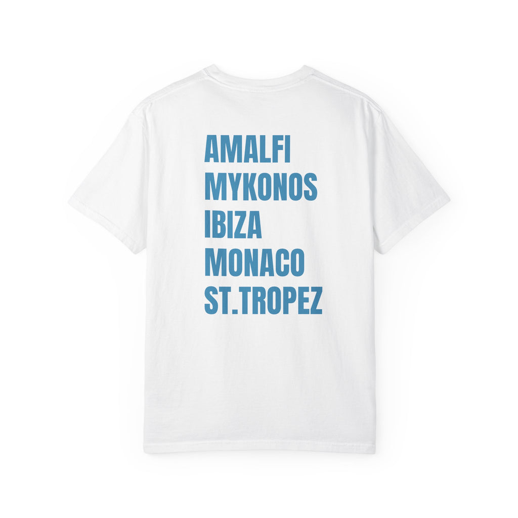 European Summer Destinations T-Shirt — Amalfi Mykonos Ibiza Monaco St. Tropez